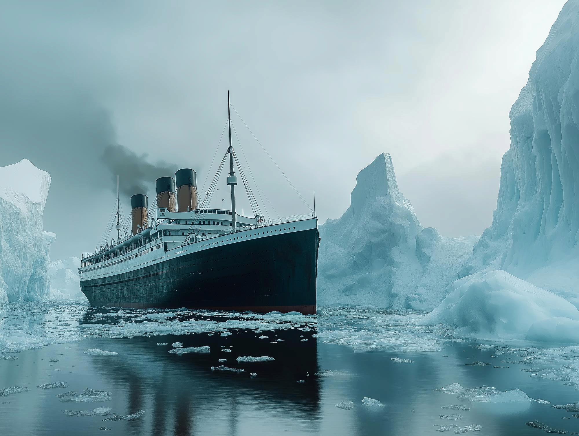 RMS Titanic ocean liner navigating through icebergs and icy waters in heavy fog on the North Atlantic