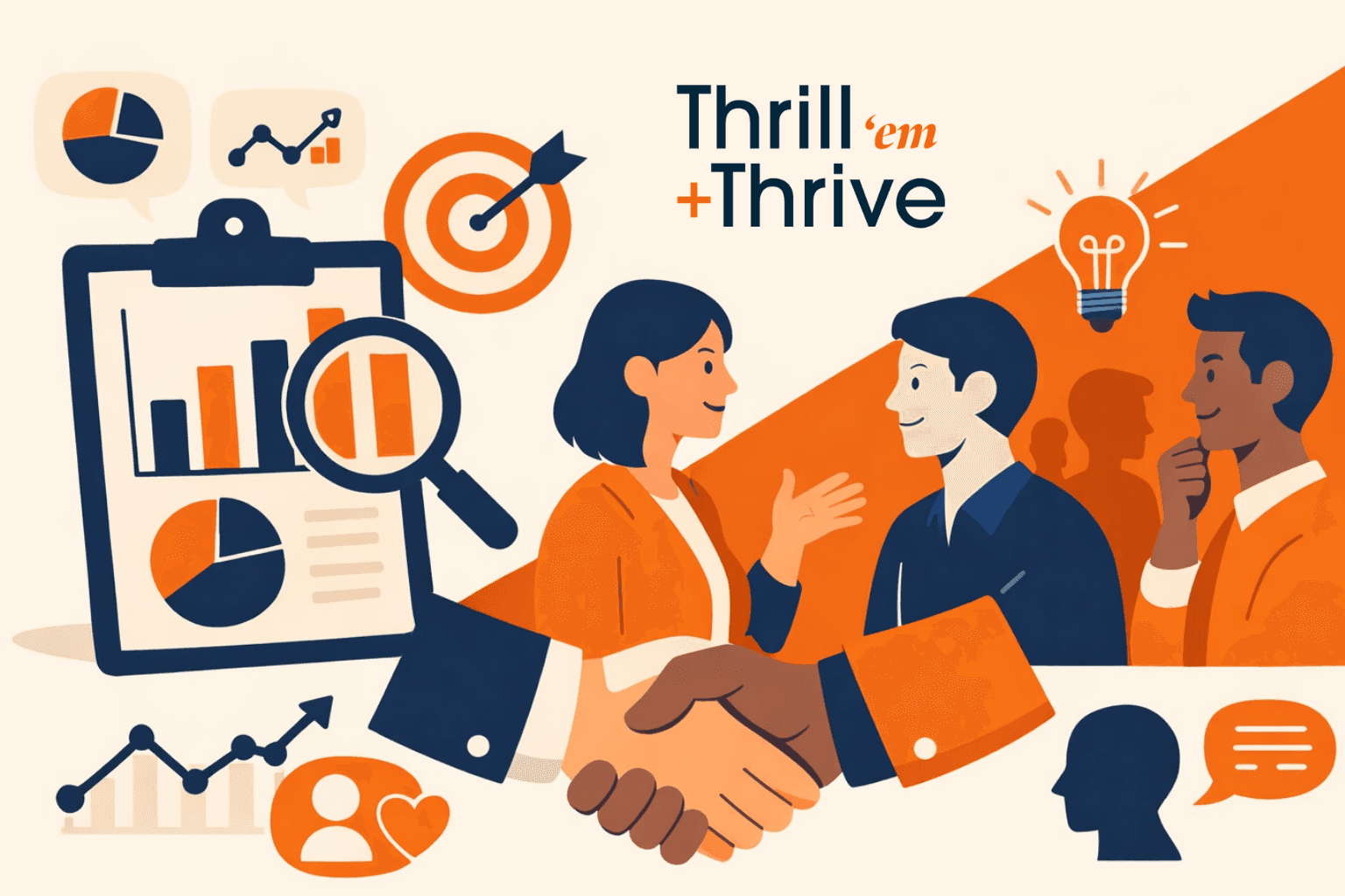 illustration-of-business-handshake-with-charts-clipboard-magnifying-glass-target-people-talking-and-Thrill-em-Thrive-branding