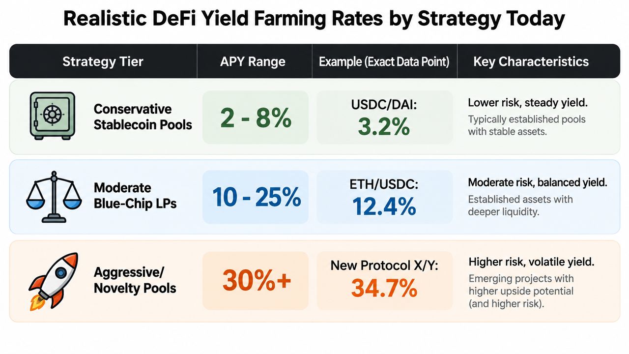 A chart showing realistic DeFi yield farming rates across conservative, moderate, and aggressive investment strategy tiers.