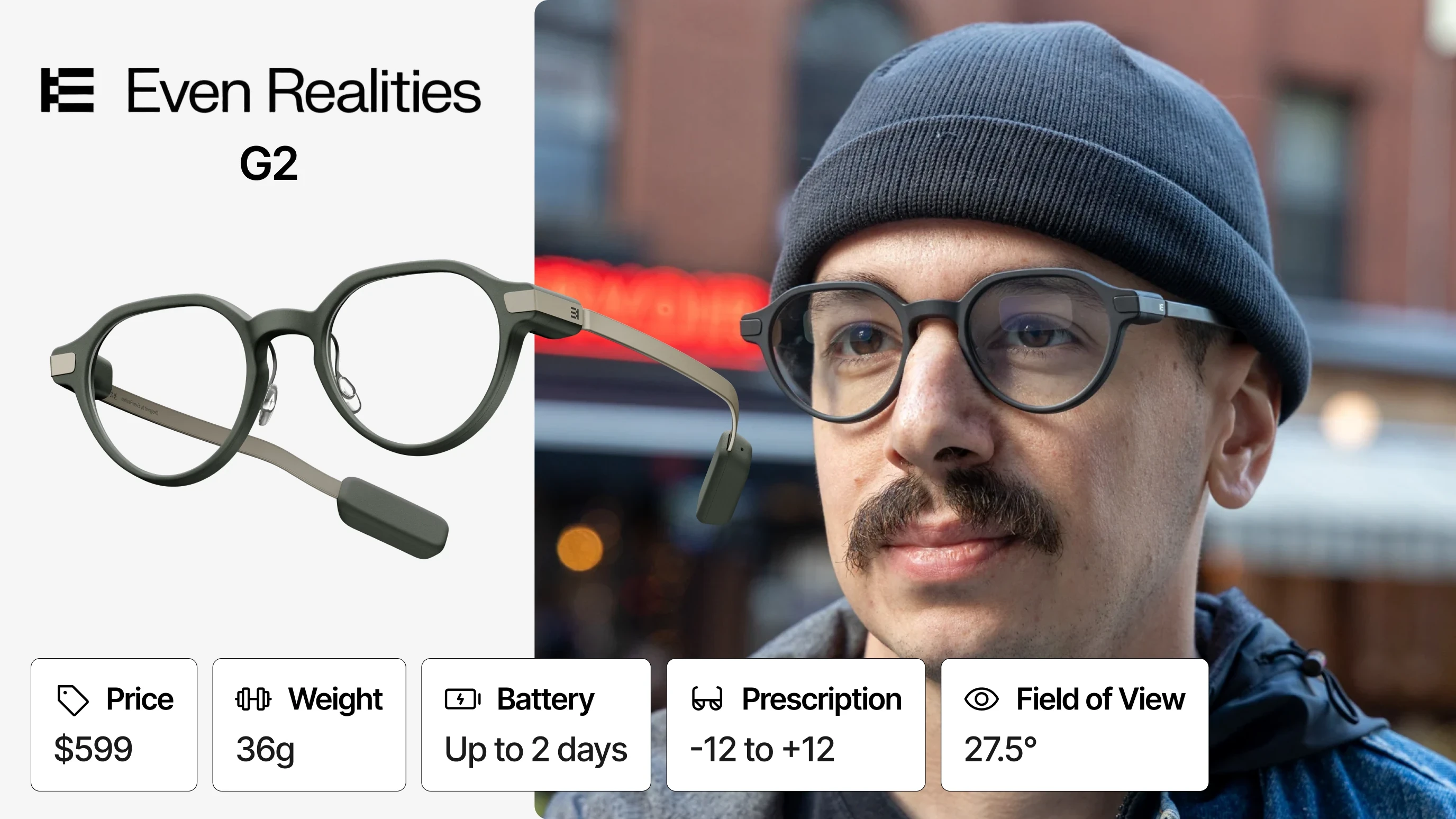 Even Realities G2 glasses beside a person wearing the rounded frames, with feature tiles below.