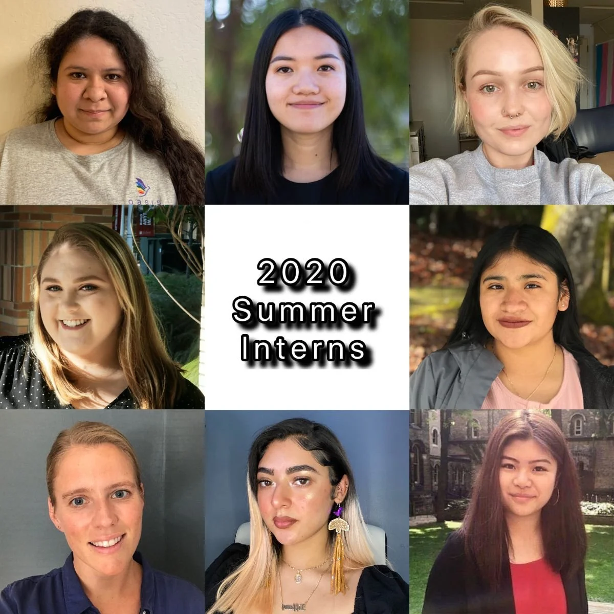 Uma colagem de nove estagiários diversos do verão de 2020, cada um sorrindo em retratos individuais, com o texto "Estagiários de Verão de 2020" centralizado entre as imagens.