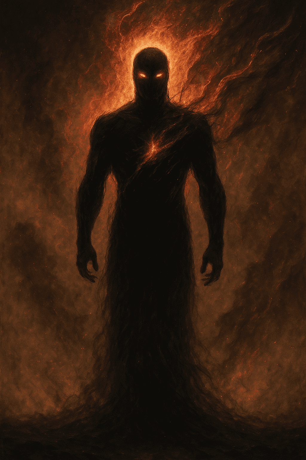 Archetype Bane - een silhouet van een donkere, vurige gestalte met brandende ogen en een gloed in de borst, omgeven door schaduwen en roodgloeiend as; de belichaming van depressie, stilte en innerlijk donker.