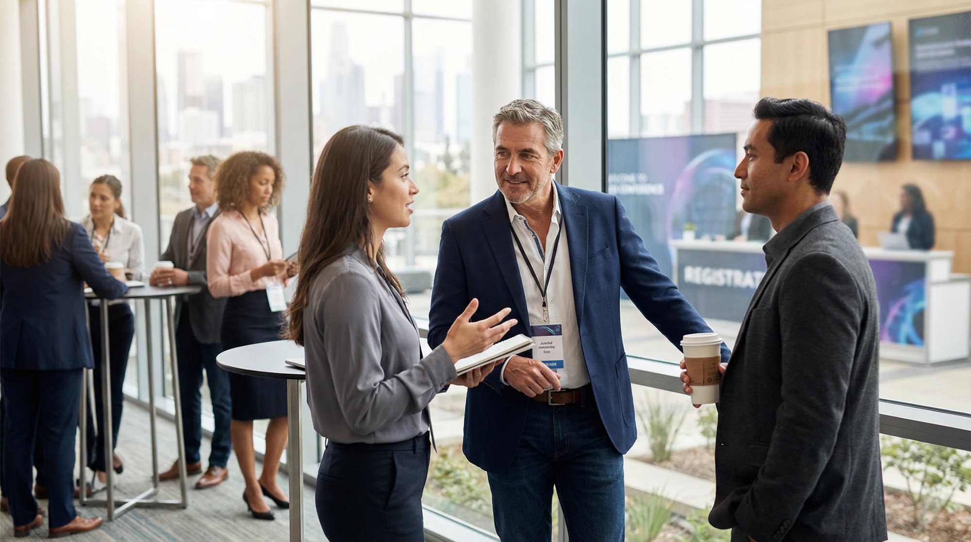 Professional executives networking at modern business conference with natural lighting and premium venue setting