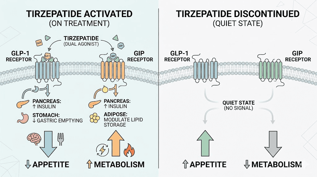 How tirzepatide affects GLP-1 and GIP receptors and what happens after stopping
