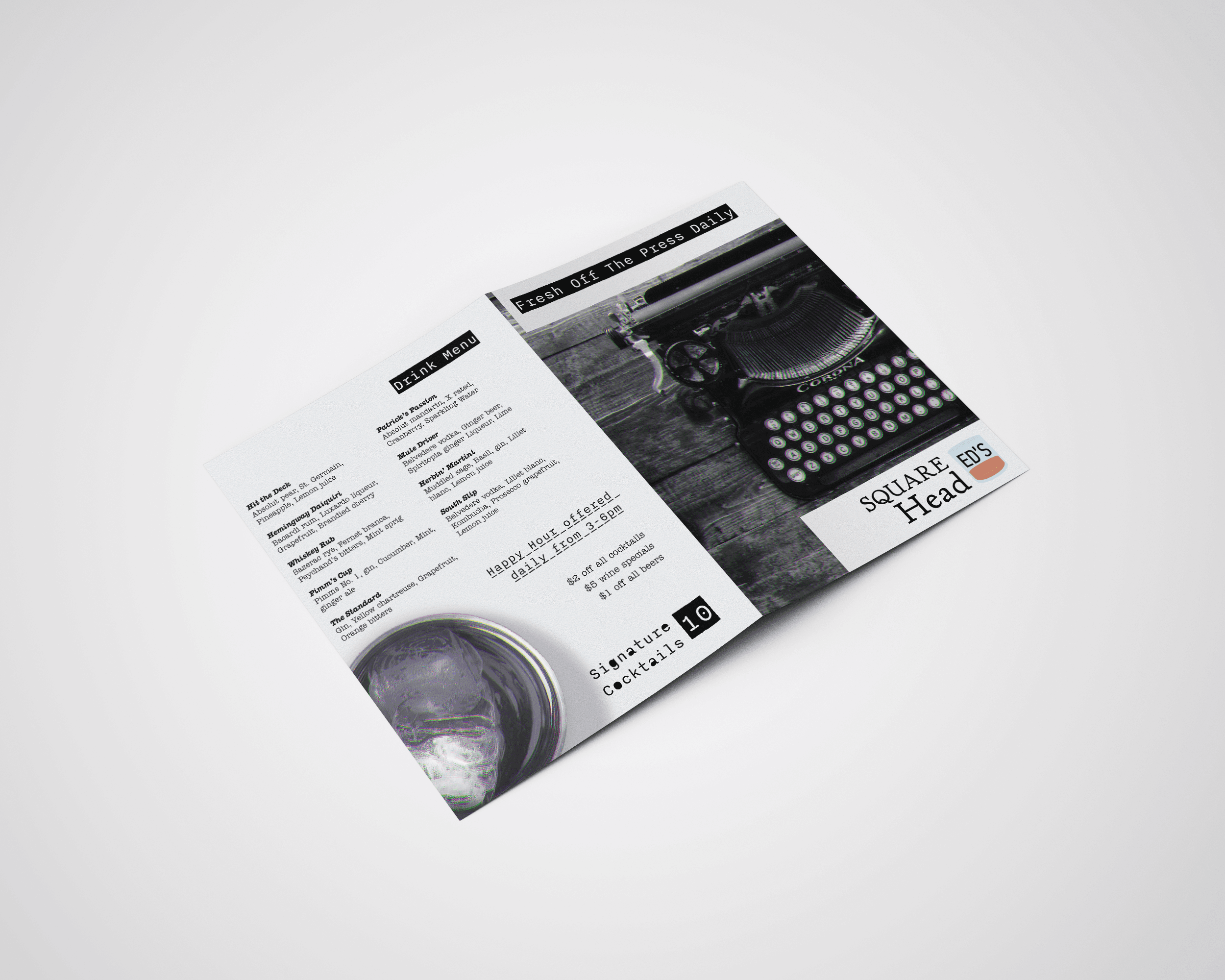 Square Head Ed's restaurant menu mockup – vintage typewriter photography with glitch effects and monospace typography on bifold brochure