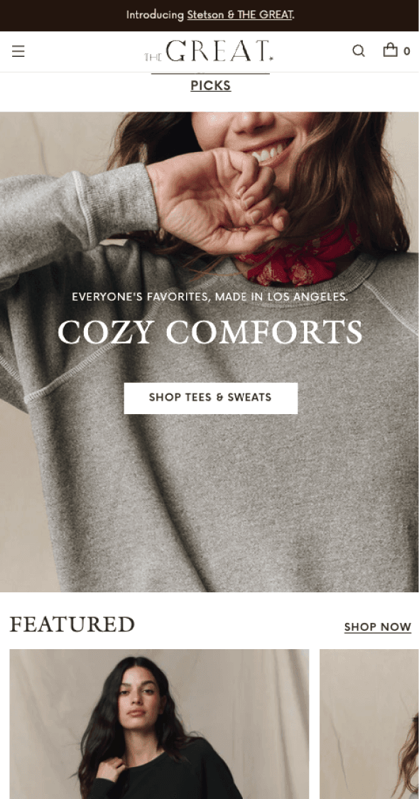 Mobile homepage for The GREAT. featuring Cozy Comforts collection