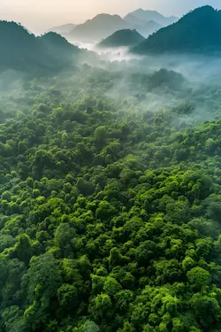 Montaña verde con neblina