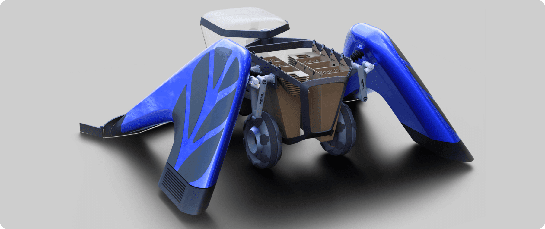 A studio rear view render of skeleton design  of DUMBO-A Hazelnut Harvster done in blender.