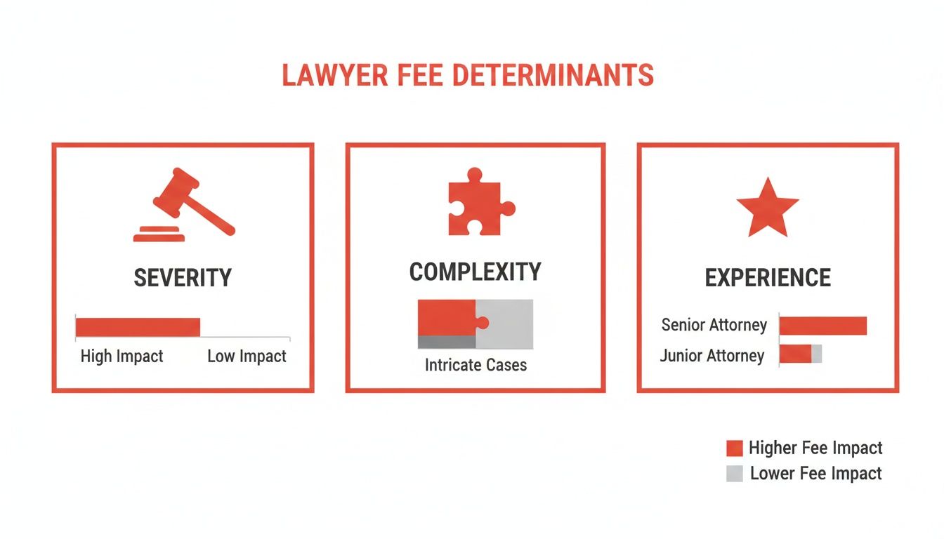 An infographic illustrating lawyer fee determinants: severity, complexity, and attorney experience, showing their impact on costs.