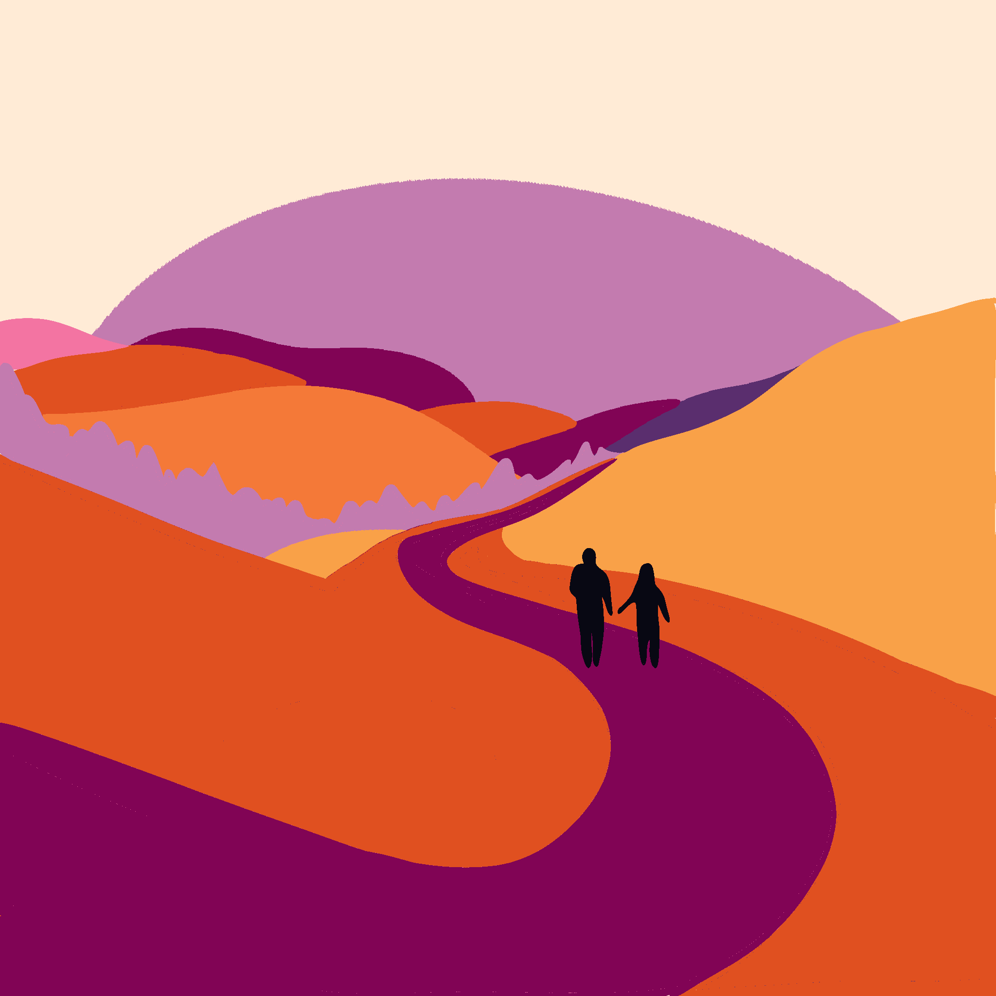 Illustration of 2 people walking down a pink road between yellow, orange, and purple mountains, with a purple sun floating above