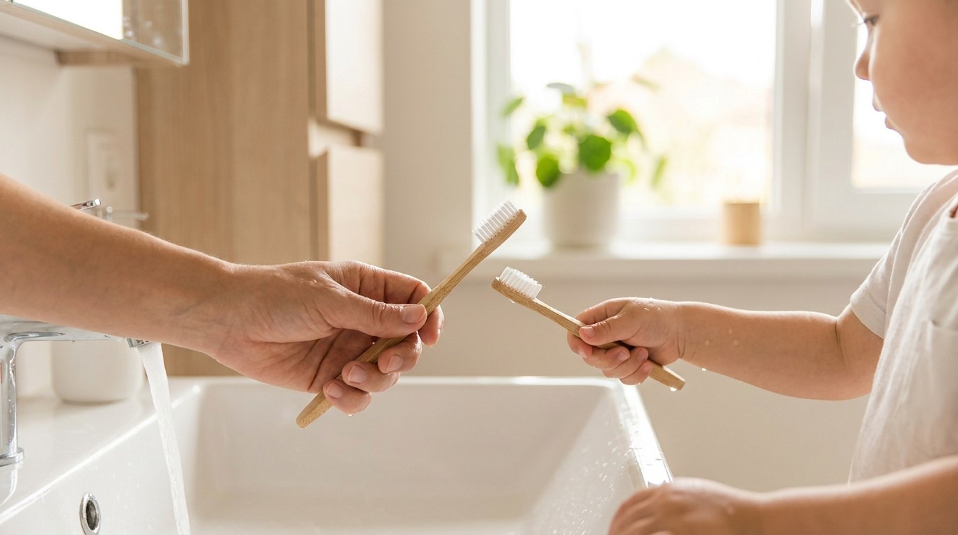 A parent and a young child brushing their teeth together at a bathroom sink in the morning