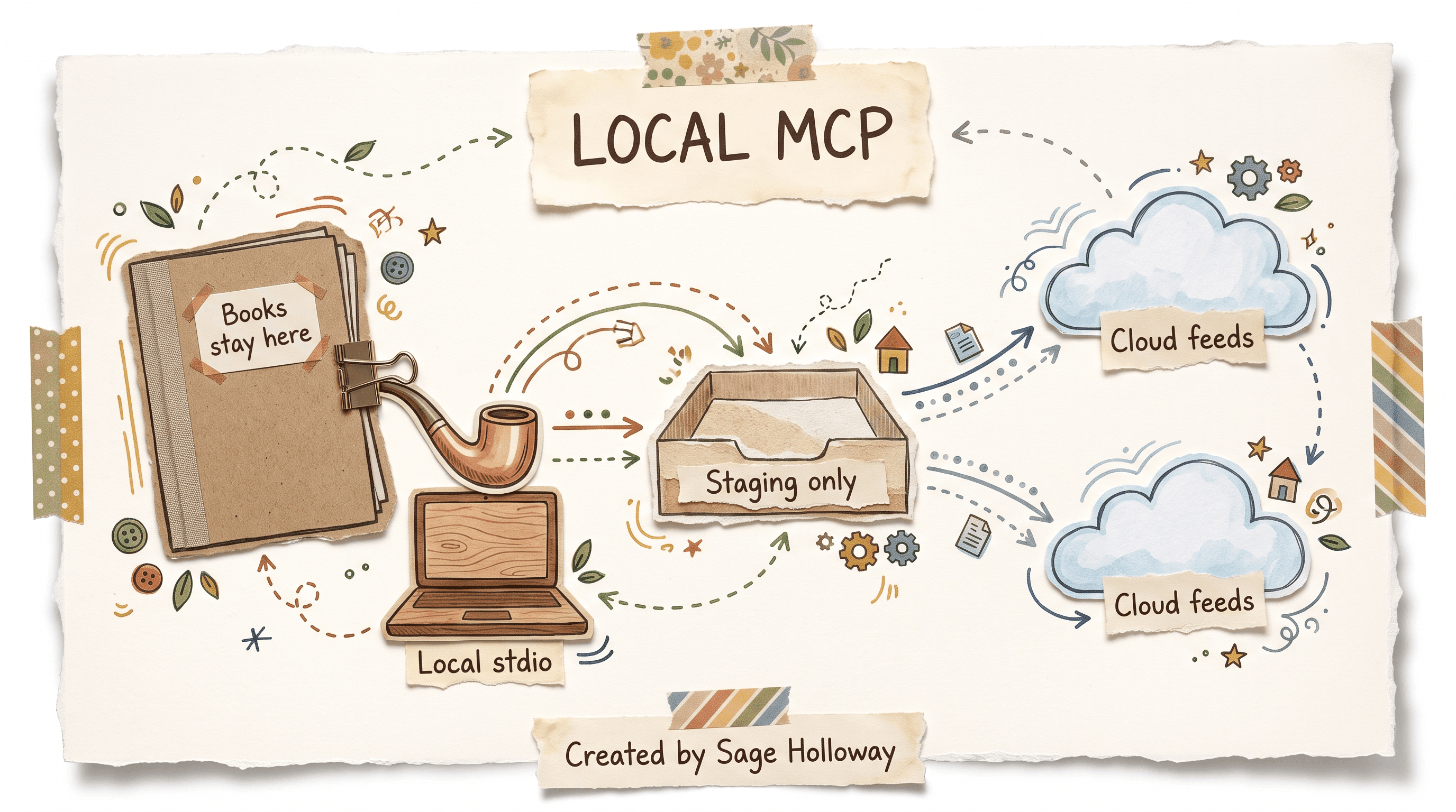 Scrapbook LOCAL MCP diagram with a books binder on local stdio, a staging inbox, and distant cloud-feed trays