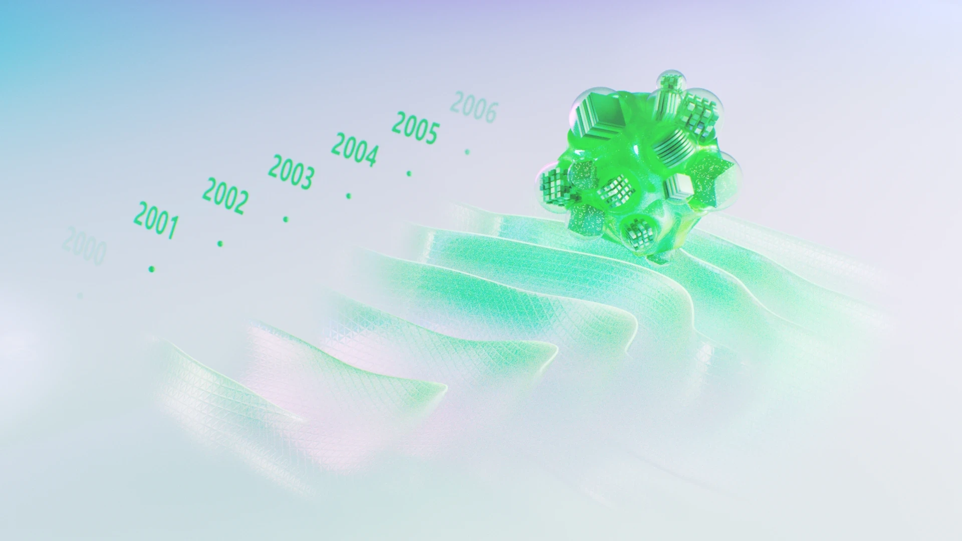 Futuristic 3D animation of data evolution across years, used in a motion design video to visualize growth and history in a SaaS environment.