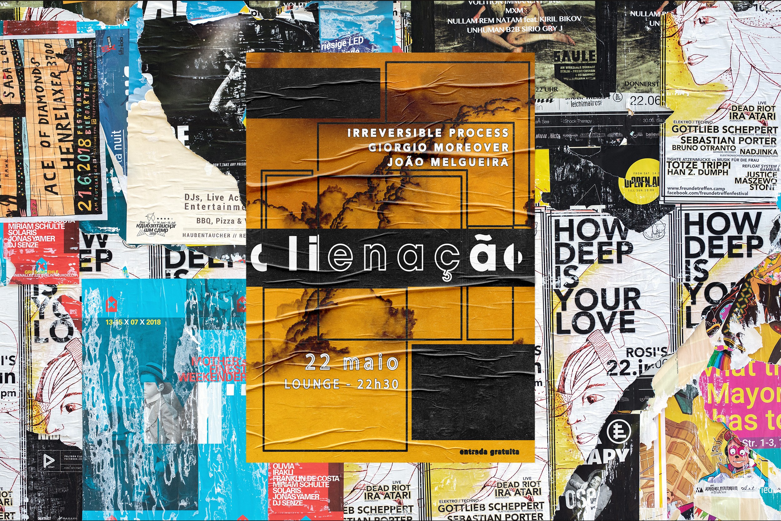 Contemporary electronic music poster design “Alienação” with geometric layout and experimental typography