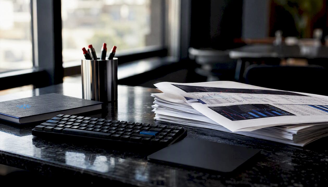 Overhead view of market data printouts and keyboard setup