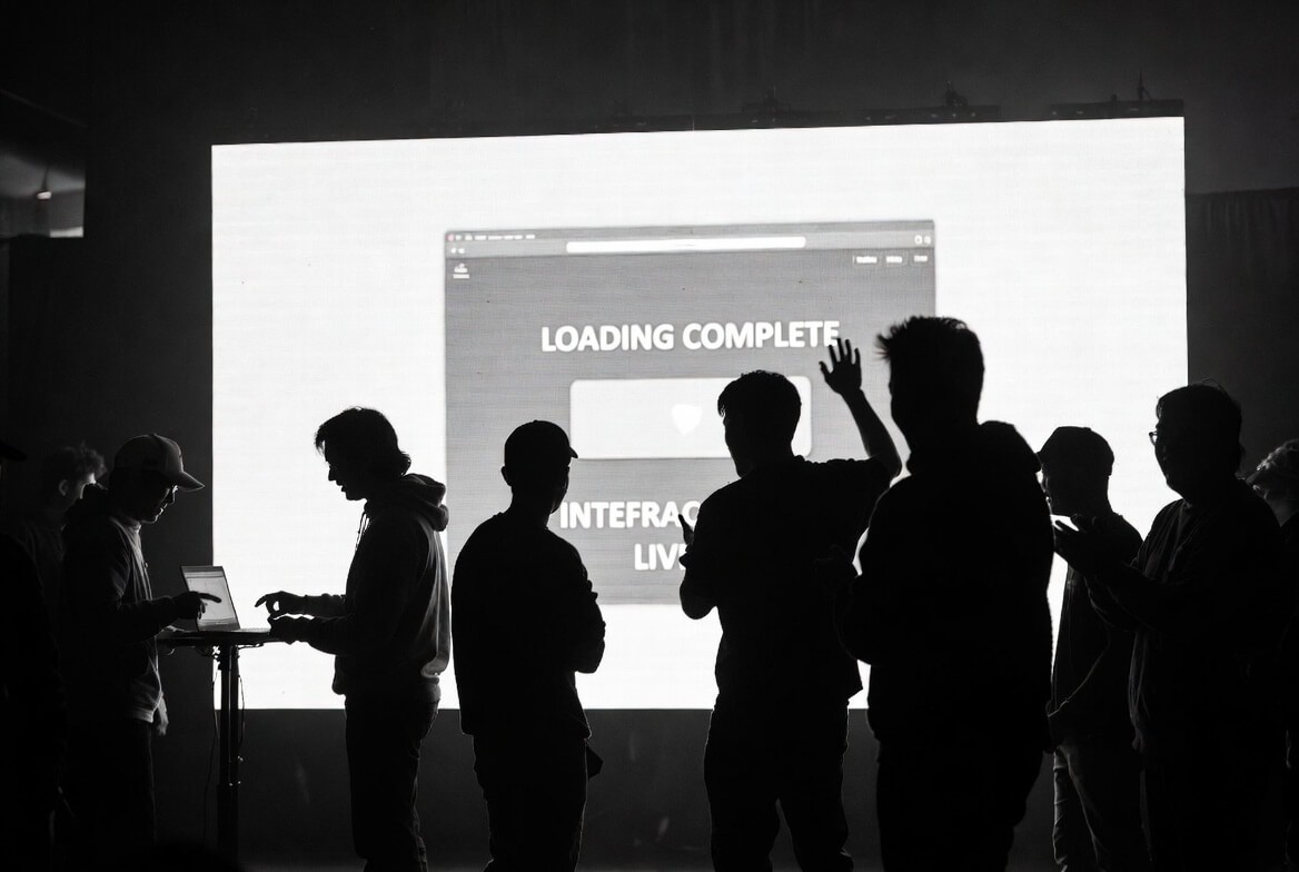 Creative team reviewing UI/UX designs. Silhouetted group gathered in front of a large screen displaying interface mockups, with one designer pointing at the layouts while others observe and discuss usability. Dramatic black and white backlit scene.