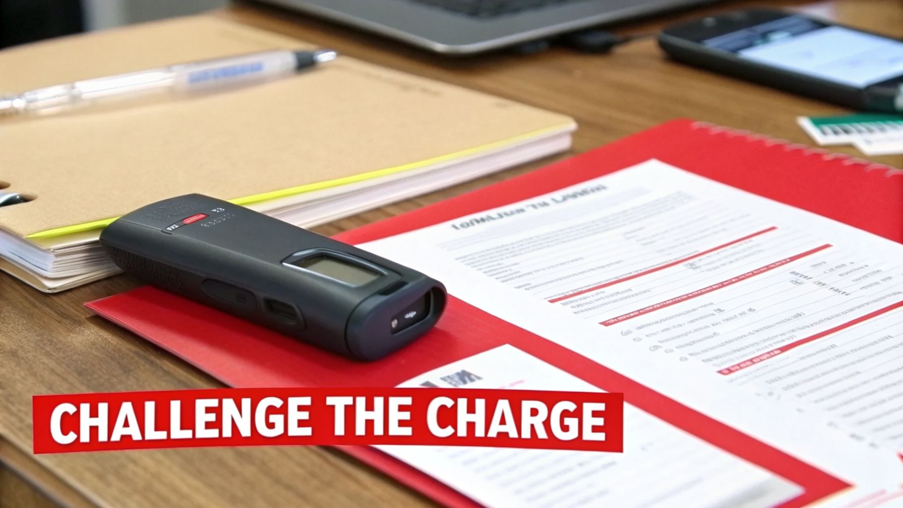 A desk with a black voice recorder, pen, notebook, and documents in a red folder, with a 'CHALLENGE THE CHARGE' banner.