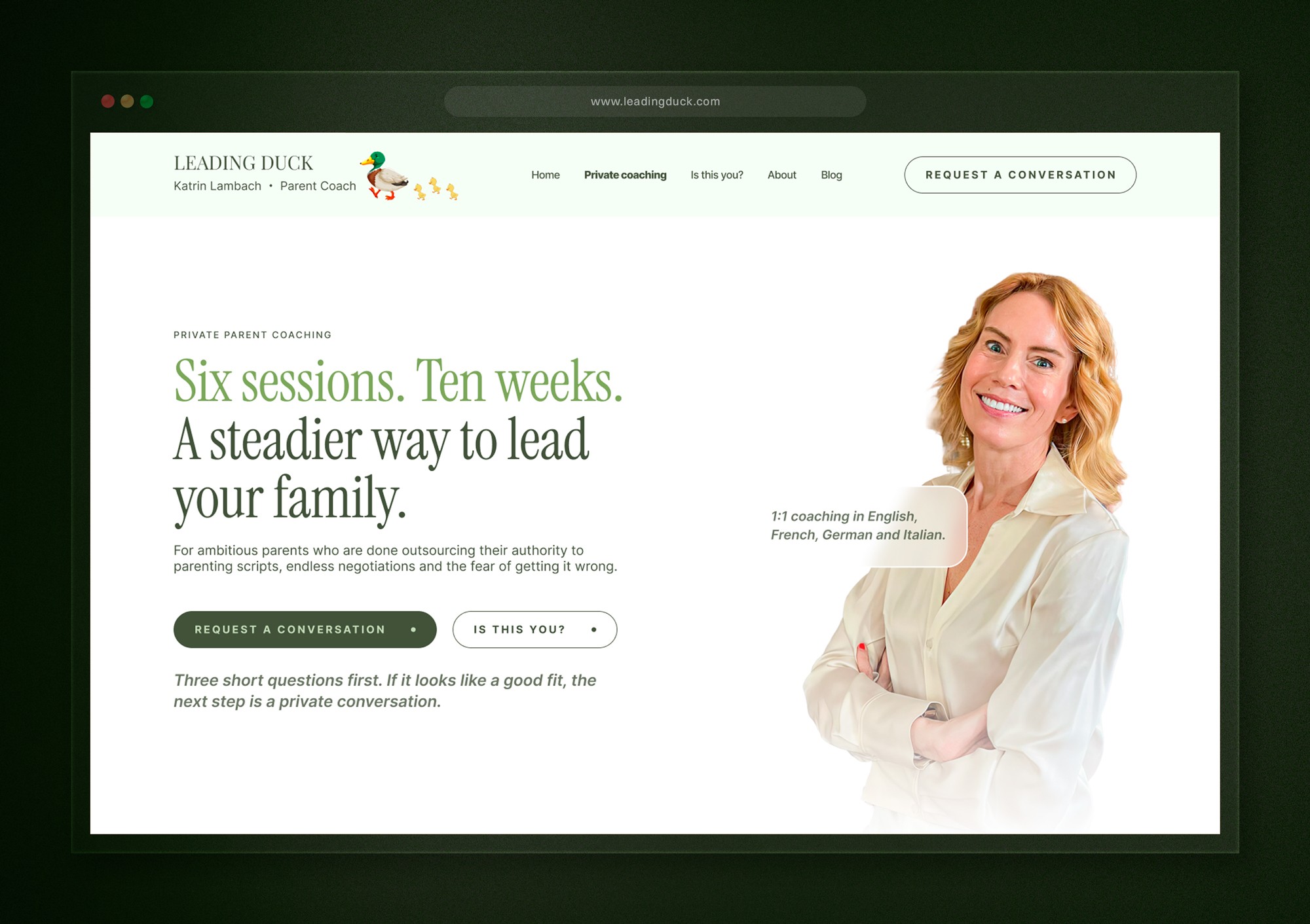 Leading Duck parent coaching homepage redesign with calm messaging and request a conversation call-to-action