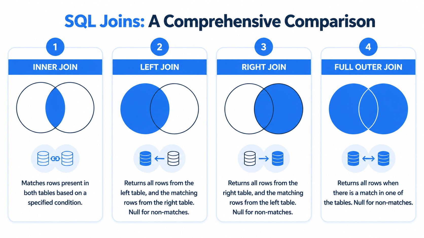 A diagram comparing four common SQL joins: Inner, Left, Right, and Full Outer with Venn diagrams.