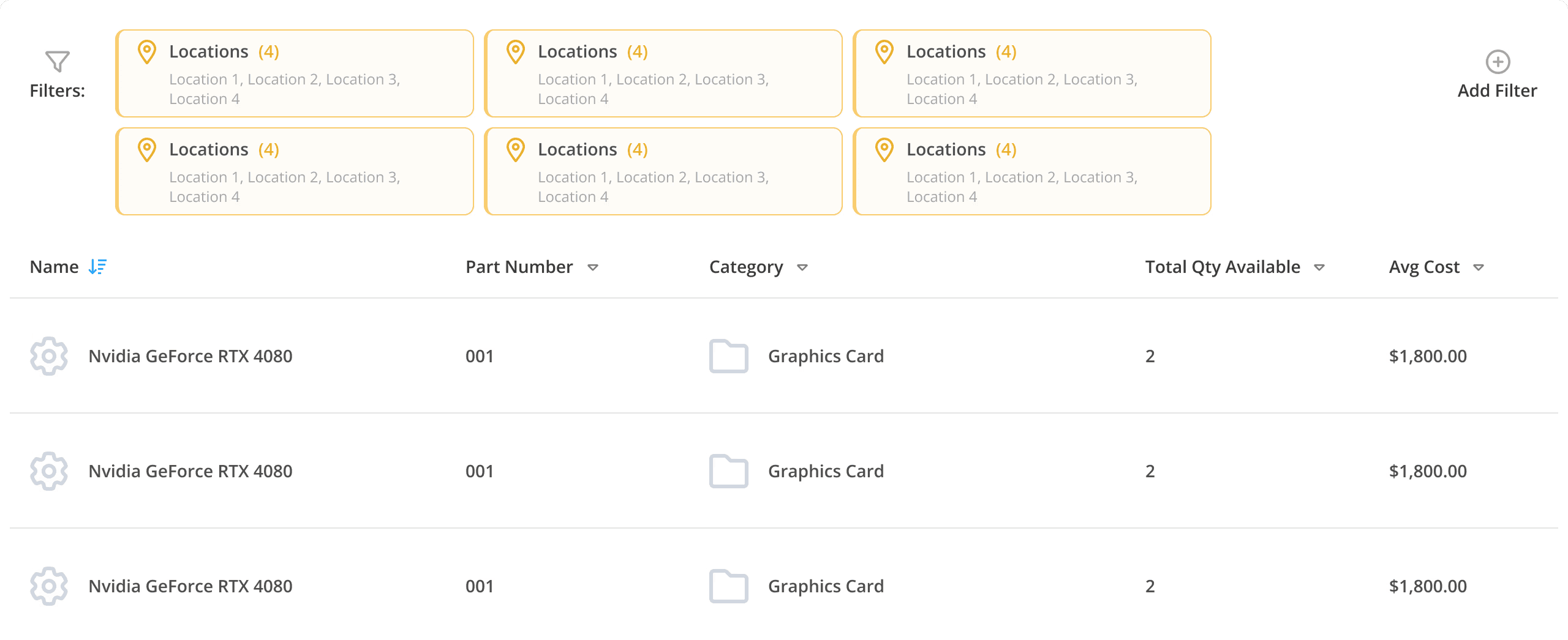 Shared Grid configured for parts inventory with part number, category, availability, and cost.