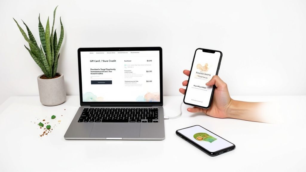 A hand holding a smartphone connected to a laptop displaying a gift card page, with another phone and a plant.