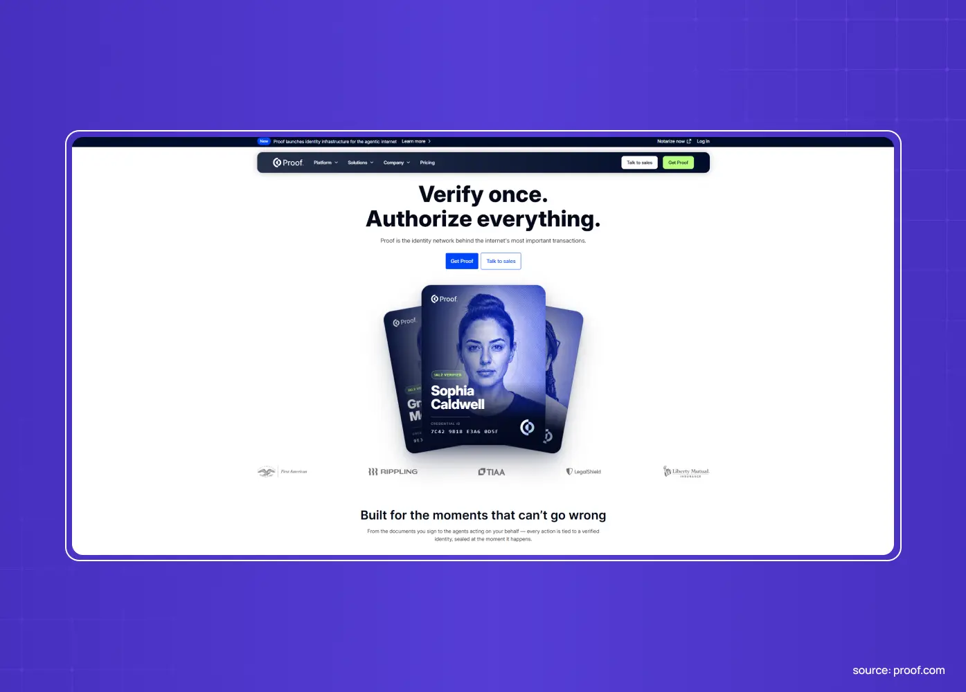 Proof website homepage featuring an identity verification card and the headline “Verify once. Authorize everything.”
