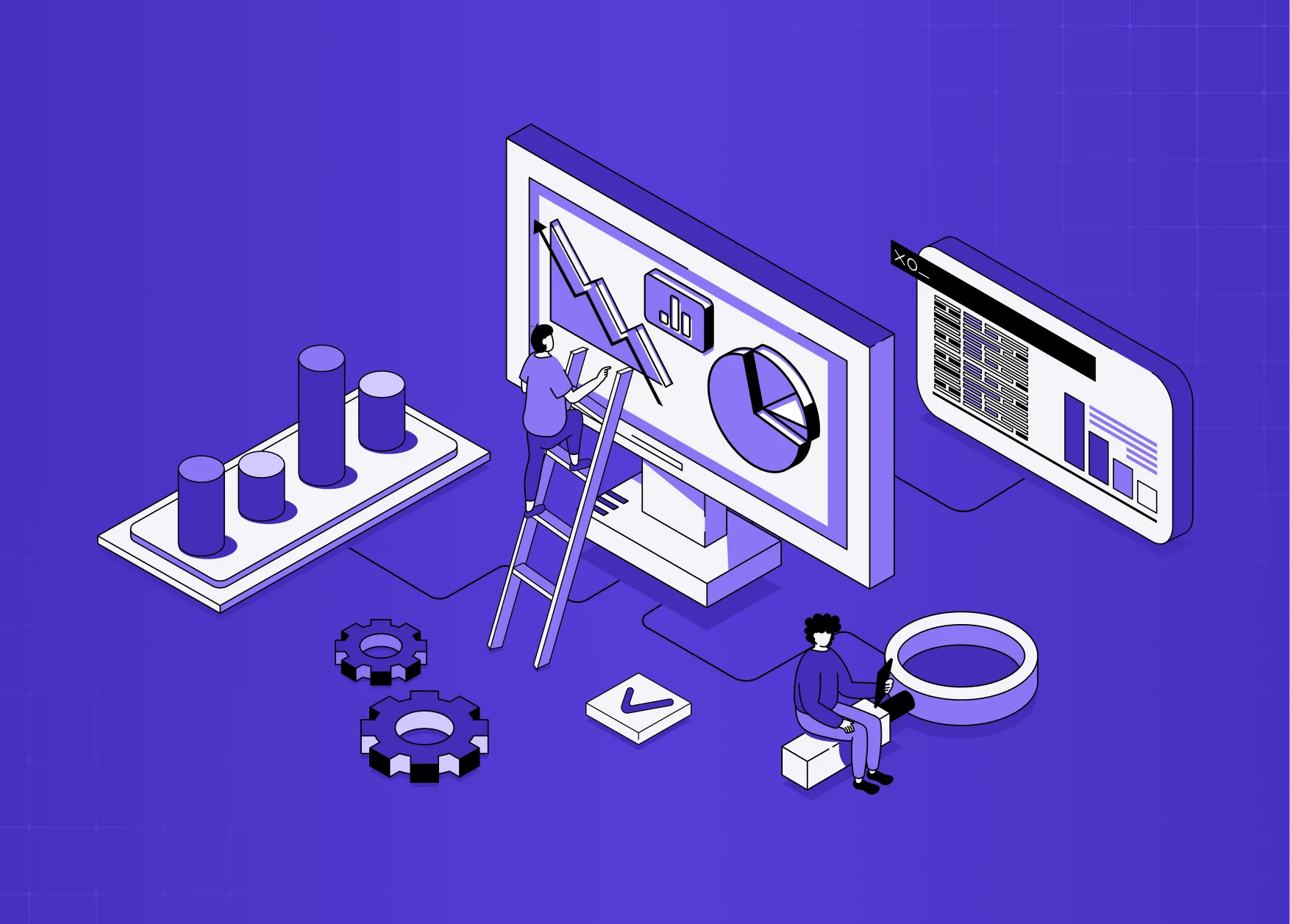 Illustration of a person on a ladder analyzing large dashboard charts on a screen, with surrounding data visuals and UI elements. 