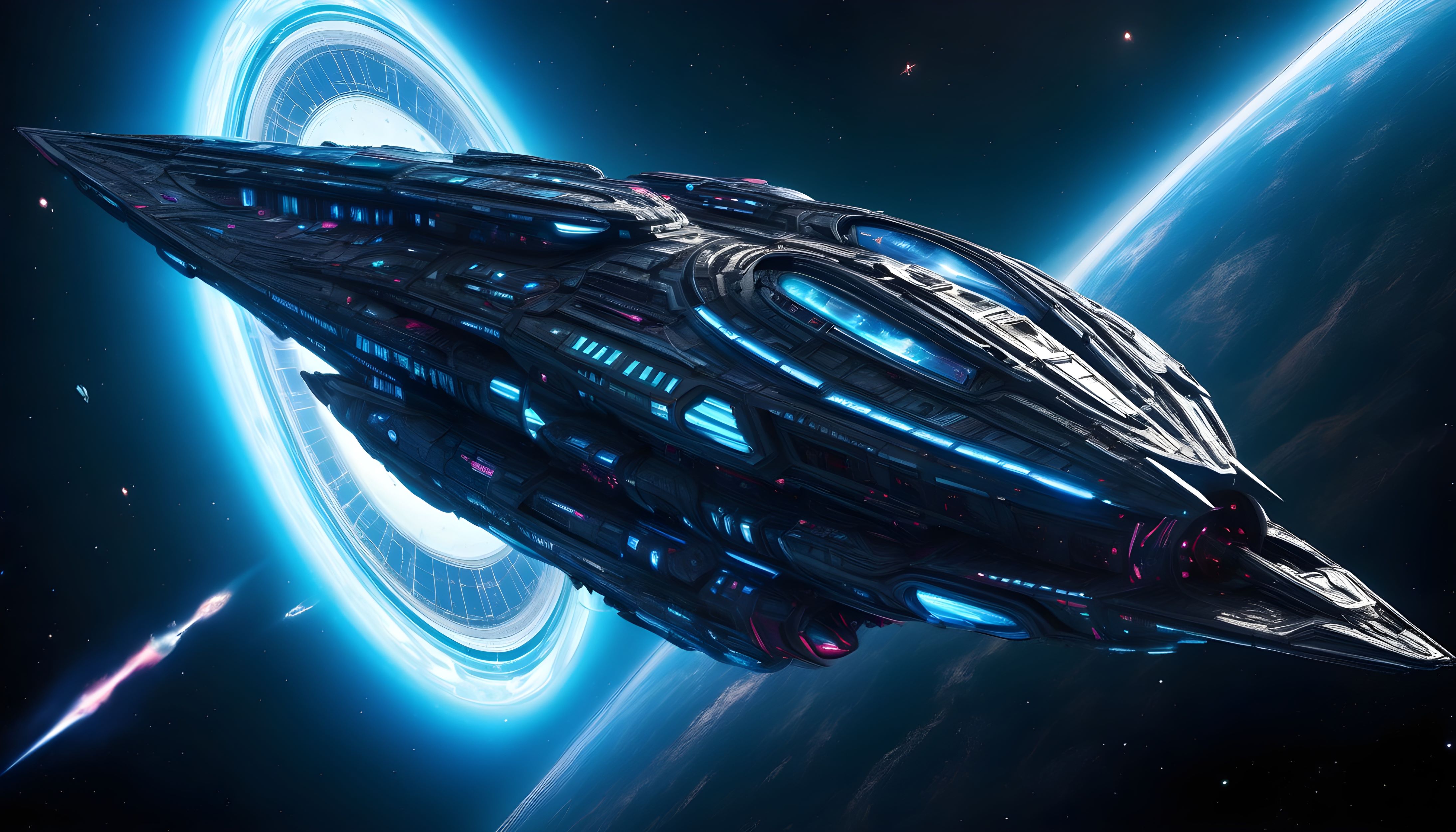 A sleek dart shaped black alien spaceship with neon blue lighting in orbit above a planet