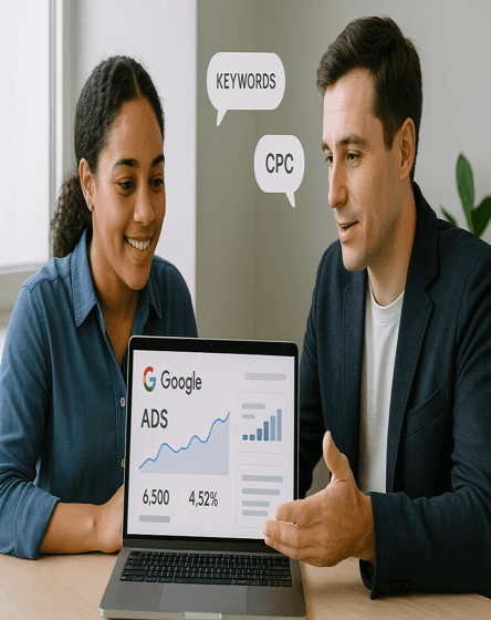 man showinggoogle ads graphs cpc to woman