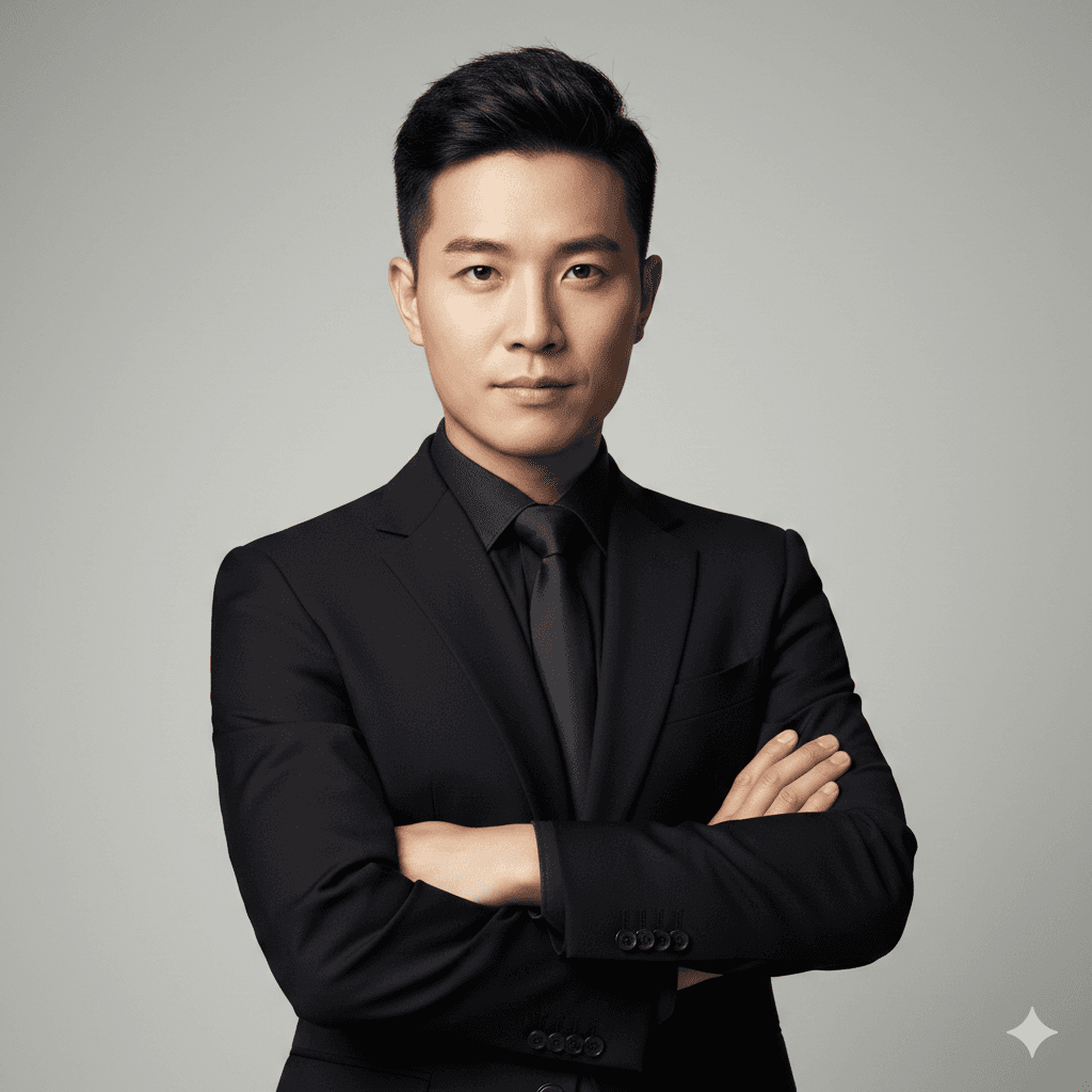 A man in a black suit and tie stands confidently with arms crossed against a gray background. He projects professionalism and determination.