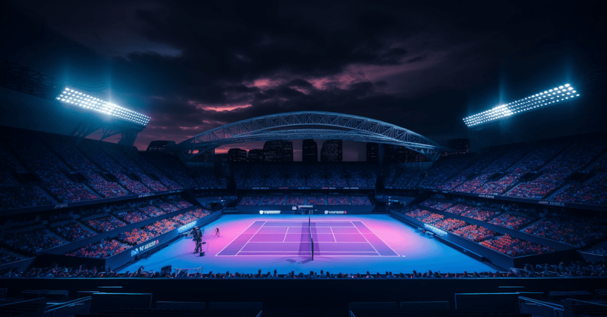 A nighttime tennis match unfolds in a large, illuminated outdoor stadium, with vibrant blue and purple lights casting a colorful glow over the court and stands filled with spectators, while a dramatic, clouded sky stretches overhead.
