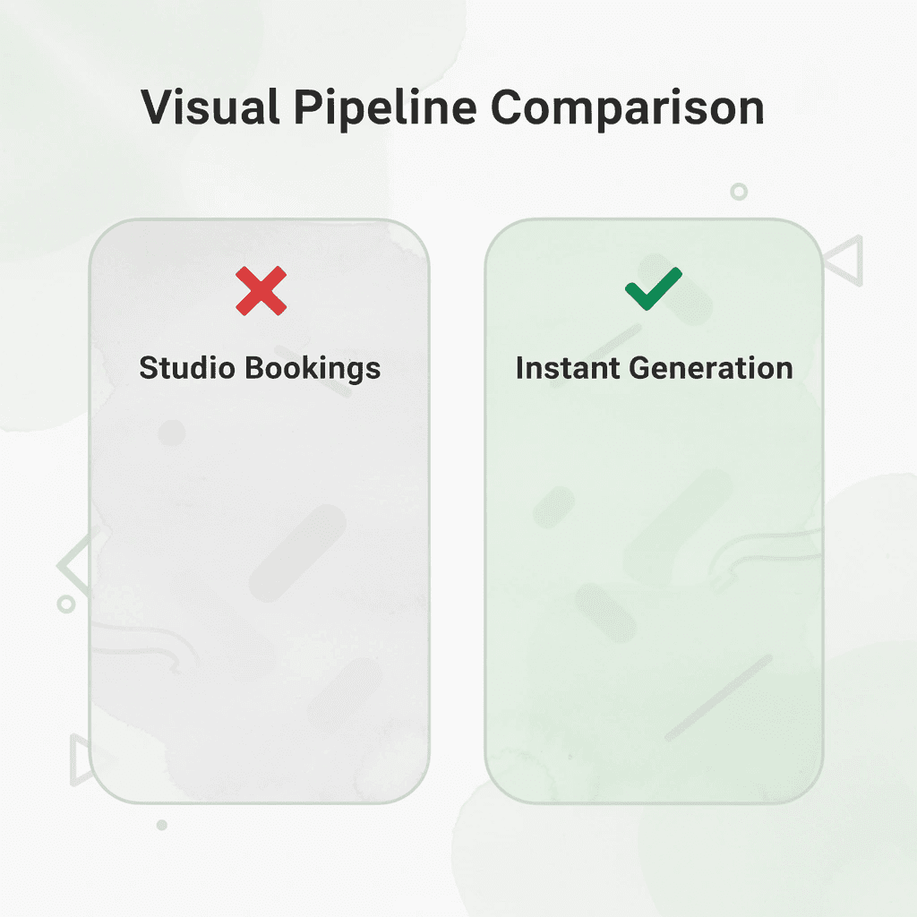 Before and after infographic comparing slow studio-based production to instant AI image generation