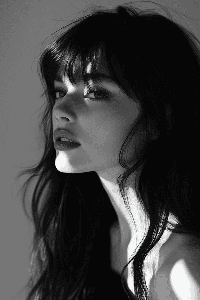 A profile of a woman in black and white, featuring a strong side view with dramatic lighting and shadows.