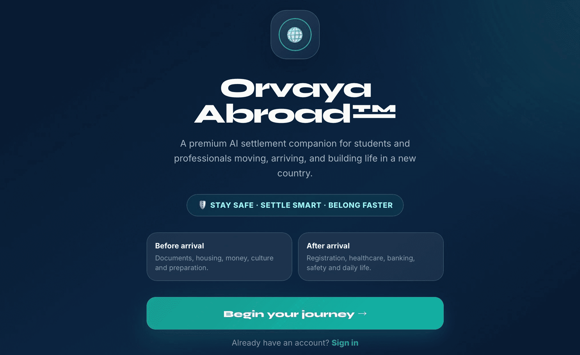 Orvaya Abroad app homepage promoting AI settlement companion for students and professionals moving abroad.