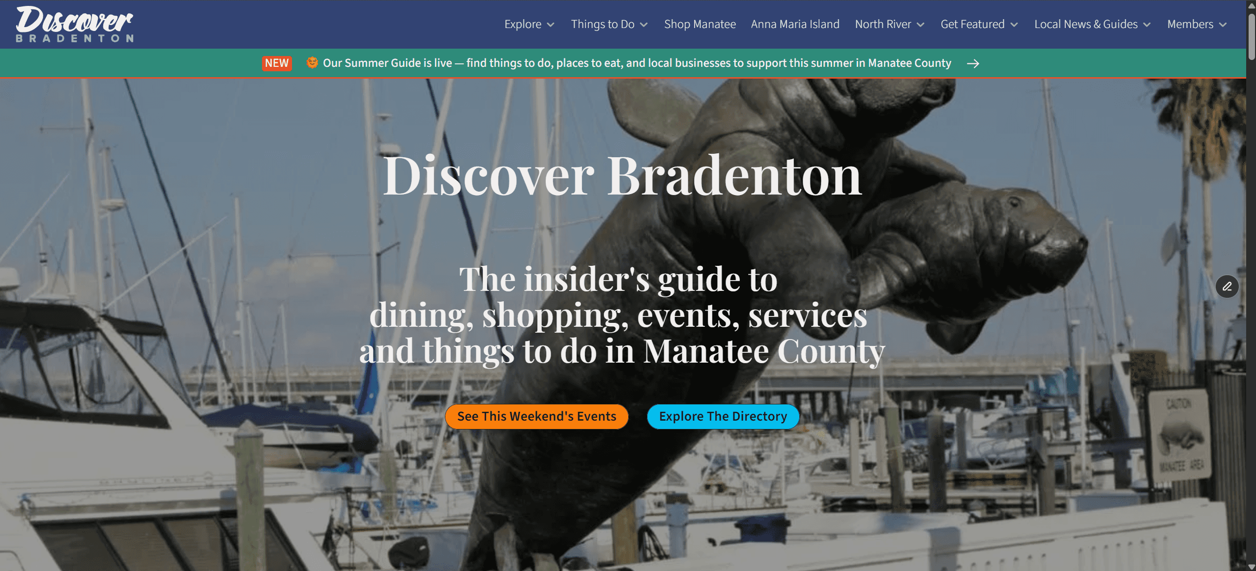 Discover Bradenton homepage featuring a manatee statue against a backdrop of a marina, promoting dining, shopping, events, and services in Manatee County.