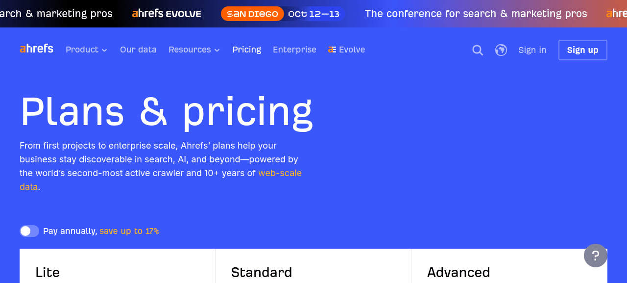 Ahrefs plans and pricing page checked September 2026