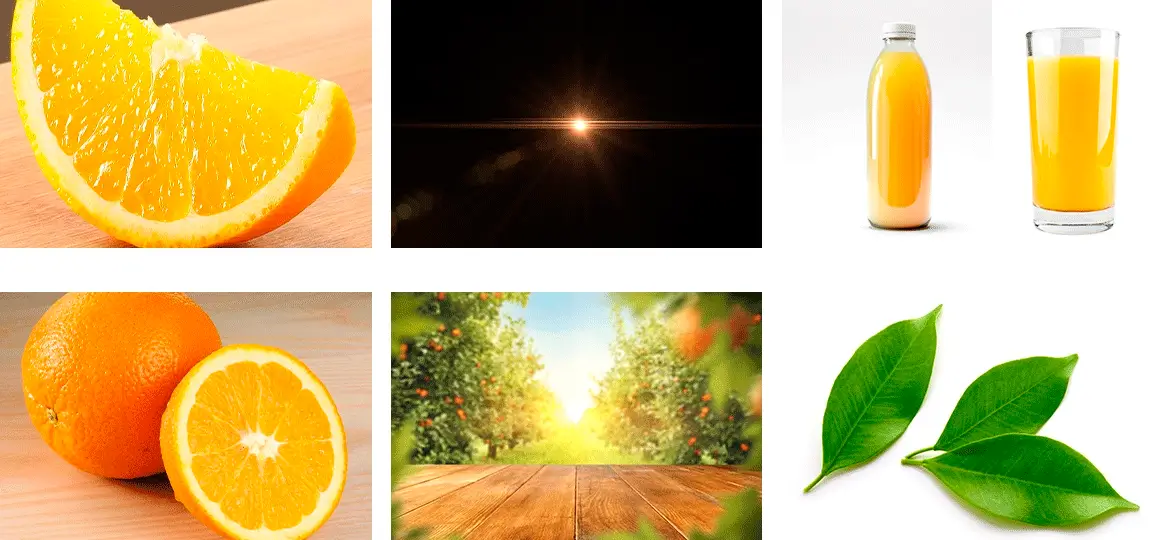 Collection of visual assets used for a juice brand project, including isolated fruit, leaves, glass mockups, and lighting effects.