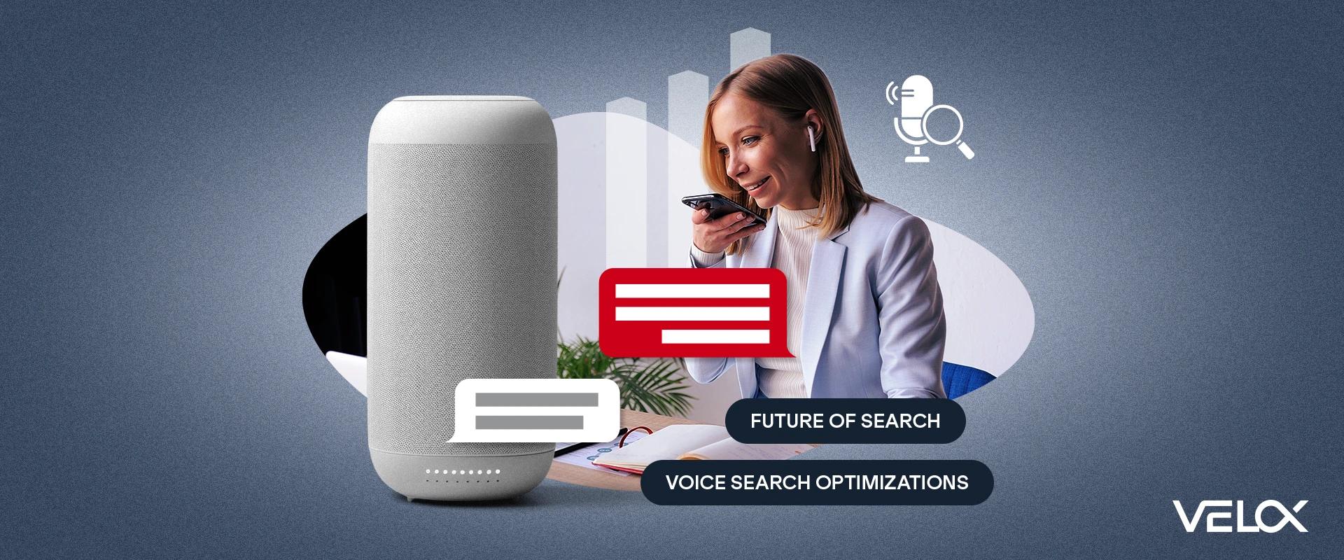 A woman speaking into her mobile device with speech bubbles and a voice search device.