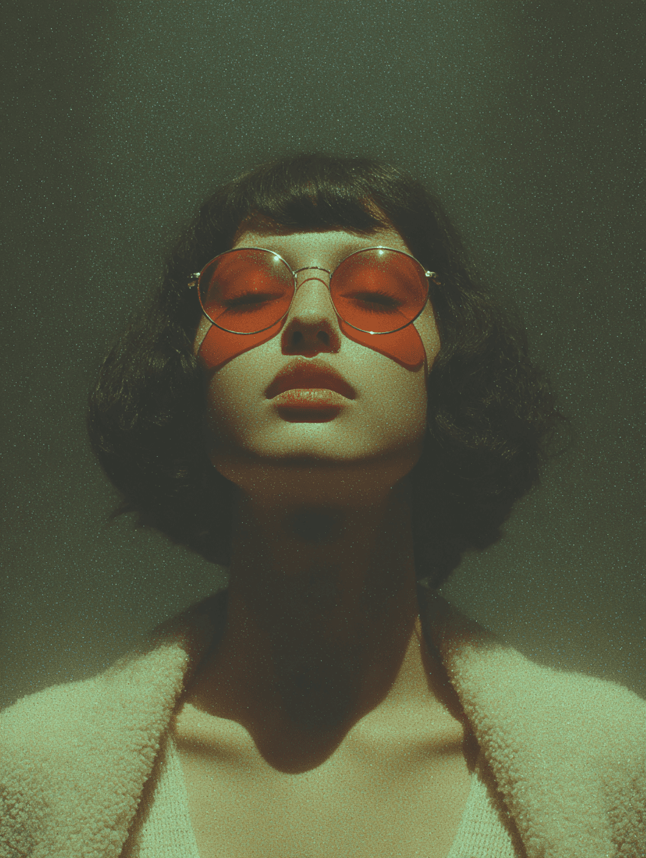 A woman with short dark hair and red-tinted round sunglasses stands with her eyes closed under a spotlight, wearing a textured coat, surrounded by soft green lighting and retro film grain.