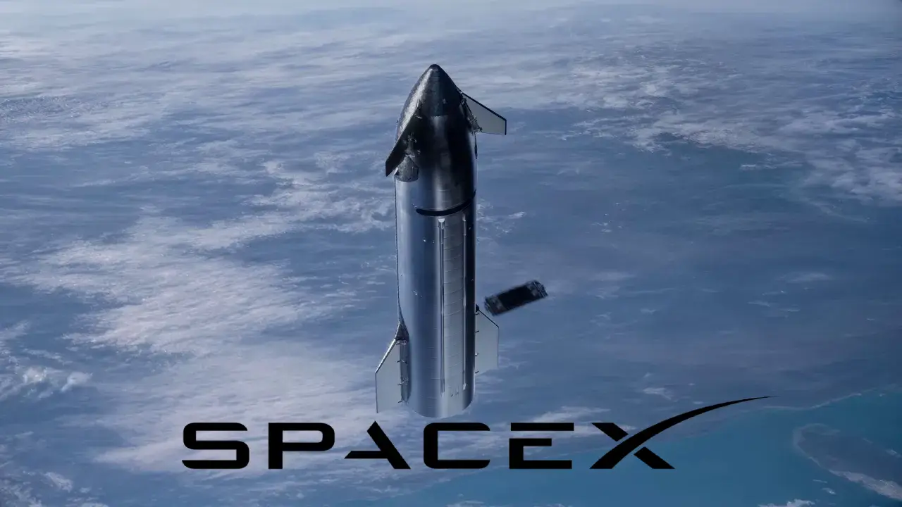 A SpaceX Starship spacecraft ascends above Earth, showcasing its sleek, aerodynamic design against a backdrop of clouds and the blue expanse of the planet below.
