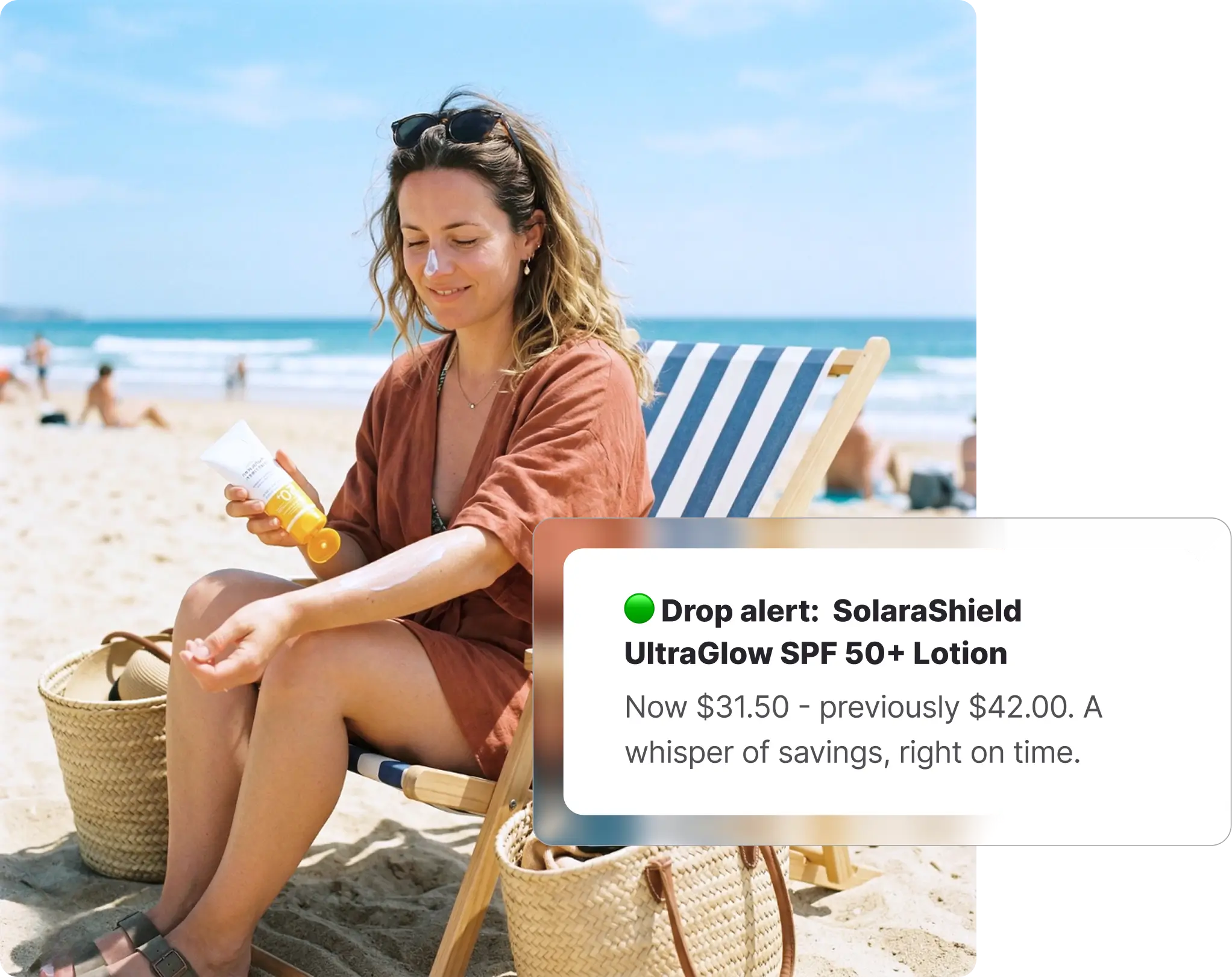 Whisprice price drop alert notification for a sunscreen product tracked at Chemist Warehouse, showing the current price of $31.50 down from a previous price of $42.00