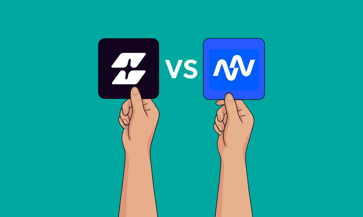 Two hands holding up the Selects logo and the AutoPod logo side by side for comparison, representing a head-to-head review of the two AI video editing tools