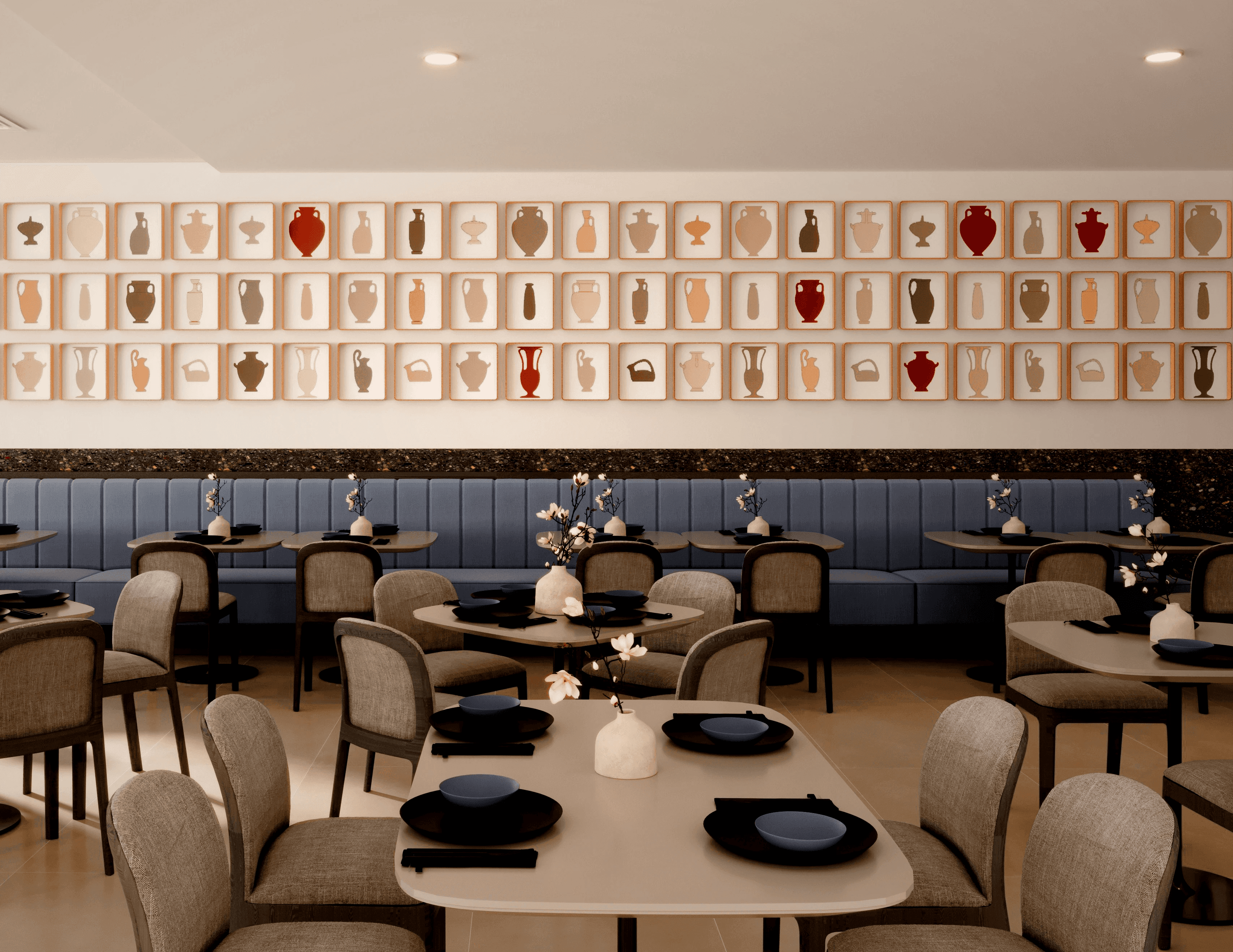 Hotel dining room with Cypriot-inspired amphora wall art, blue upholstered banquette, and warm neutral palette — hospitality interior design by topos Design Studio Ayia Napa