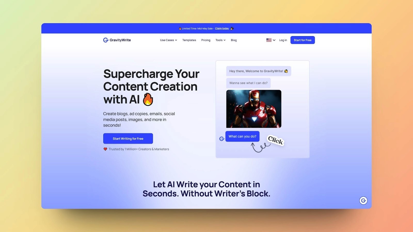 An image of GravityWrite's homepage showcasing its AI writing tools for creating blogs, social media posts, and more with a "Start Writing for Free" button.