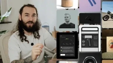 Man in the left side talking while images float in a masonry grid in the left side