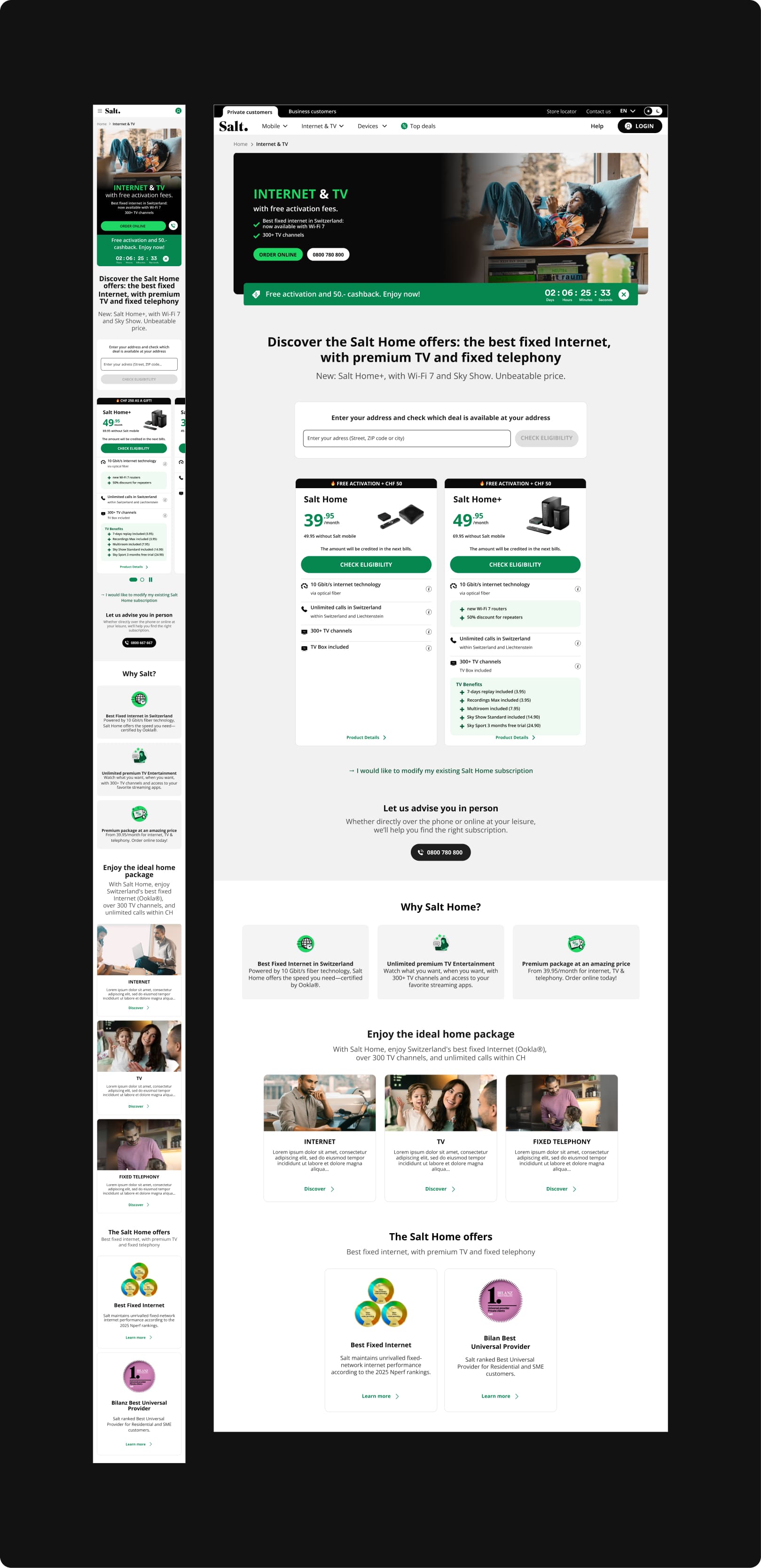 Responsive Salt Home Internet and TV offers page showing subscription plans, eligibility check, and service benefits across desktop and mobile layouts.