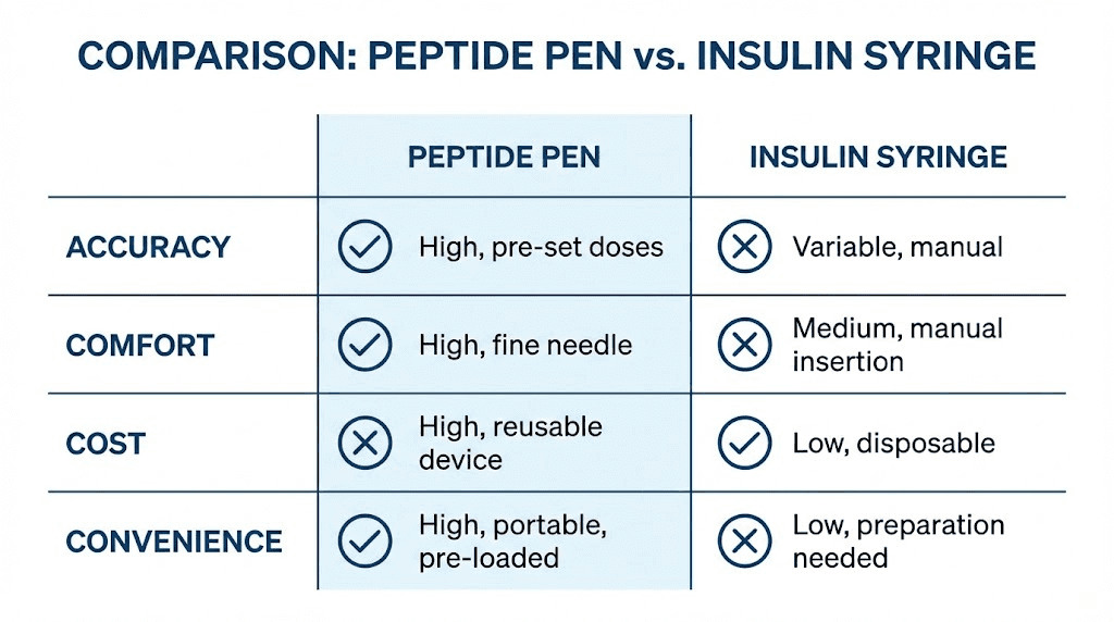 Peptide pen versus insulin syringe comparison chart for accuracy and convenience