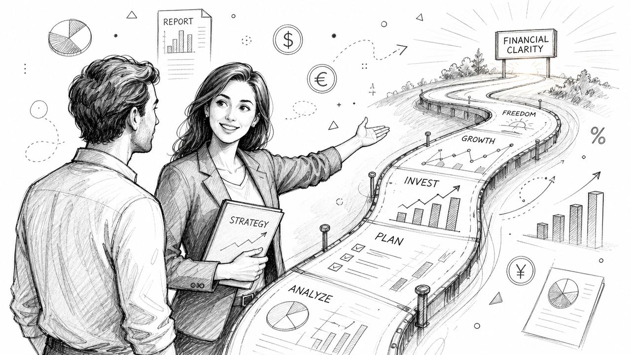 A professional woman presenting a strategic roadmap towards financial clarity to a man in a sketch illustration.