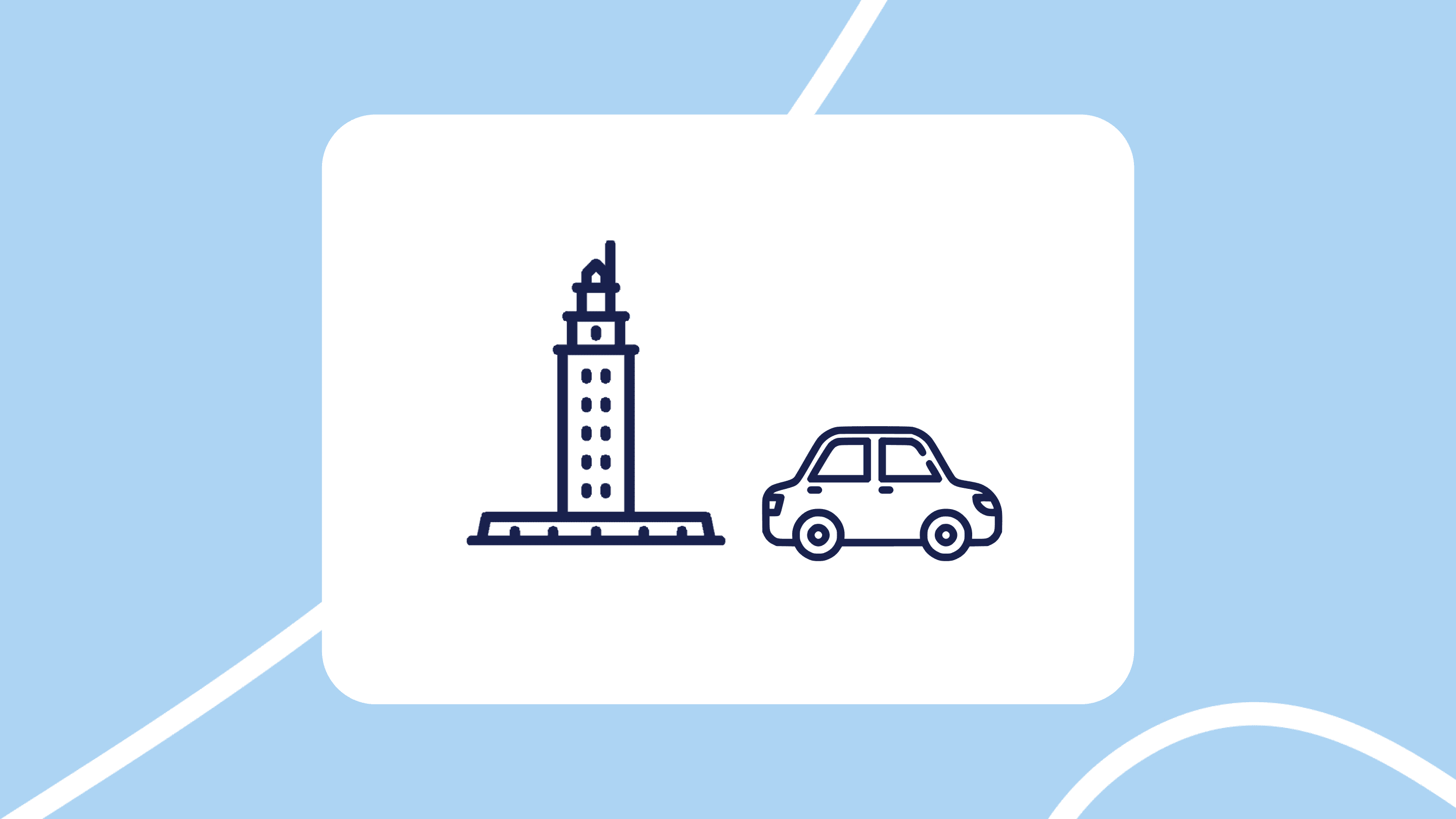 Ilustración de la Torre de Hércules junto a un coche, representando A Coruña y la venta de vehículos de forma fácil y segura.
