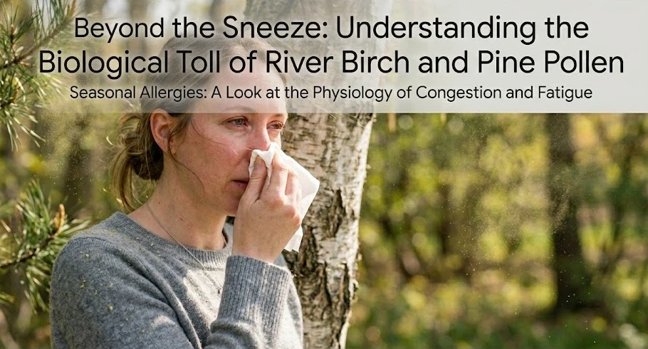 A woman with a pollen allergy dabs her nose with a tissue in a forest of river birch and pine trees on a spring day.
